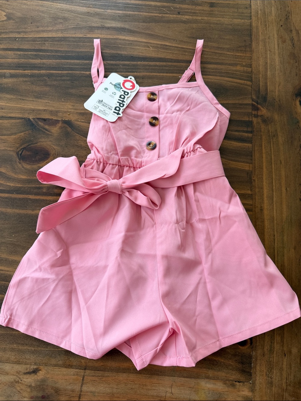 PatPat Pink Tie-Waist Girls Romper with Button Front